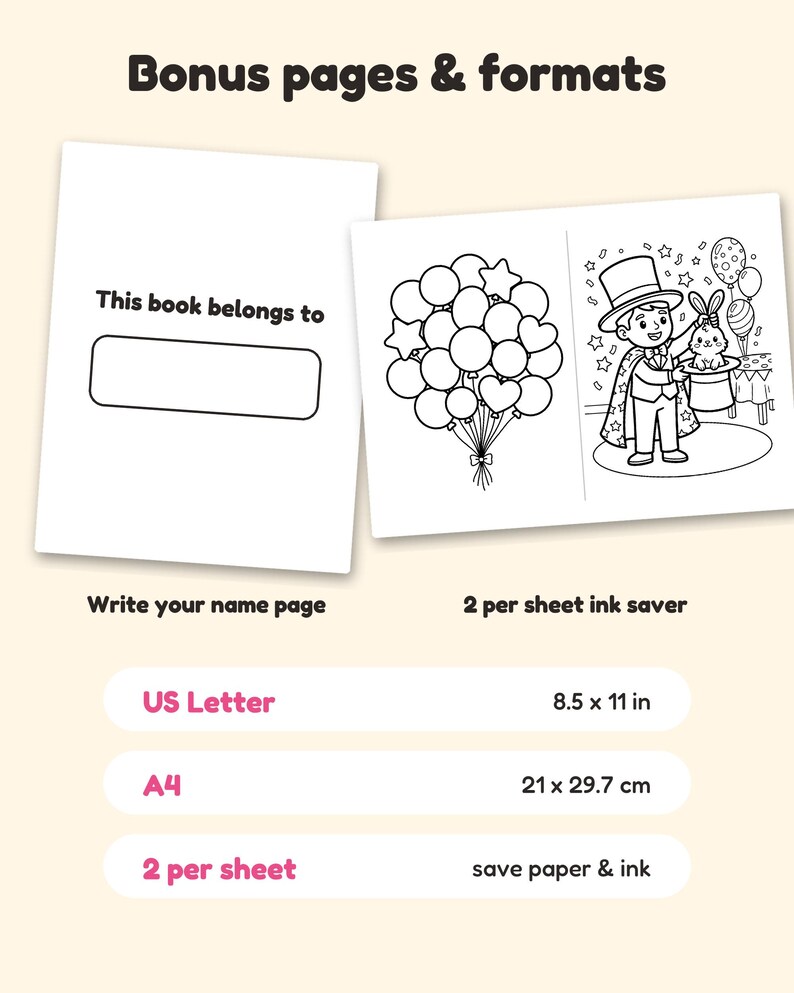 May include: A digital coloring book page set featuring a 'This book belongs to' name page and a magician with a rabbit in a hat next to balloons. Text includes 'Bonus pages & formats', 'US Letter 8.5 x 11 in', 'A4 21 x 29.7 cm', and '2 per sheet'.