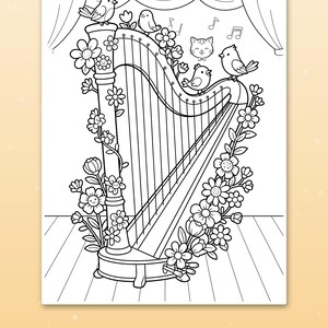 May include: A black and white coloring page featuring a harp decorated with flowers, surrounded by three birds and a cat face. Musical notes float in the air above the harp, which is set against a backdrop of curtains on a stage.