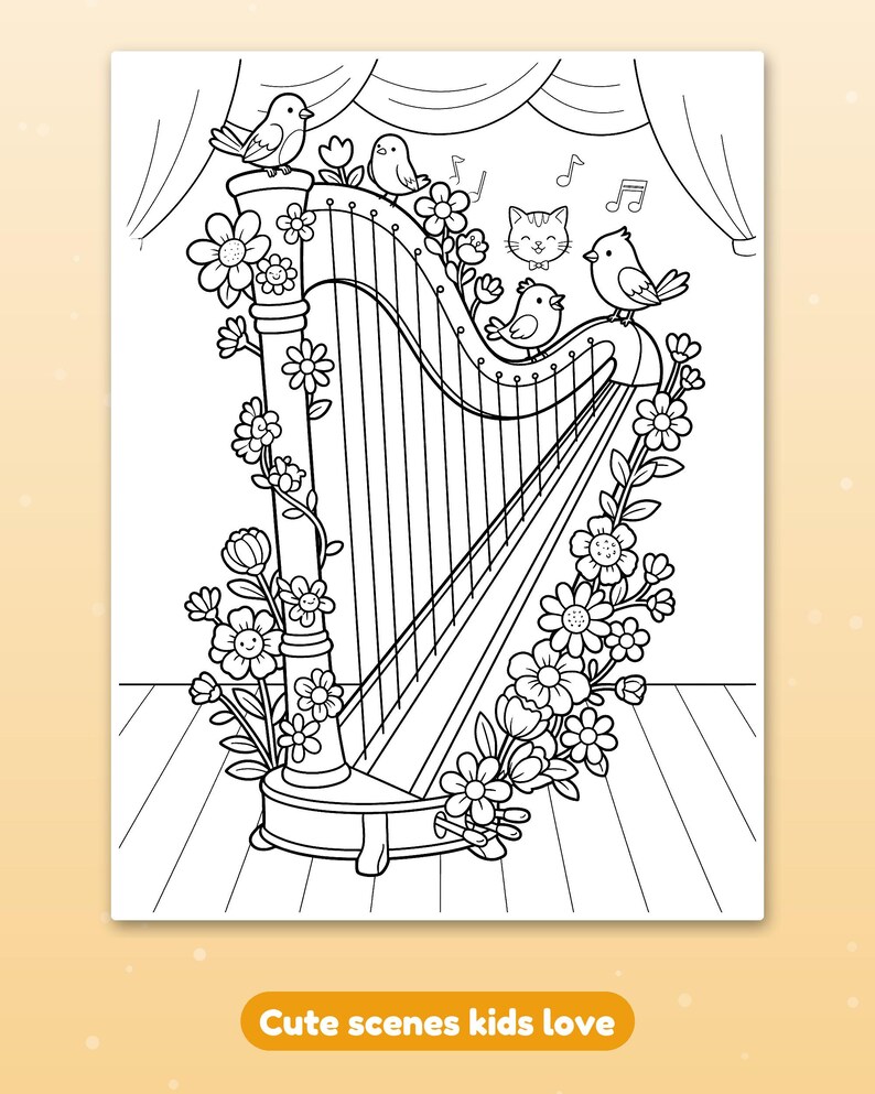 May include: A black and white coloring page featuring a harp decorated with flowers, surrounded by three birds and a cat face. Musical notes float in the air above the harp, which is set against a backdrop of curtains on a stage.