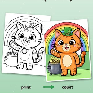 May include: A coloring page featuring a cartoon cat wearing a leprechaun hat with a shamrock, standing next to a pot of gold coins under a rainbow. The image includes the text Color it your way!, print, and color! with an arrow.