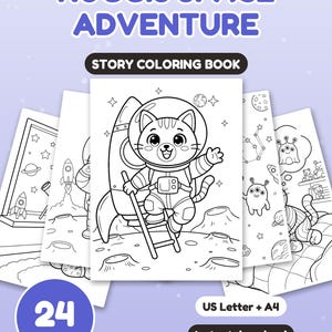 Puede incluir: Libro para colorear Nuggis Space Adventure de 24 páginas. La portada muestra un gato astronauta con traje espacial sobre la luna junto a un cohete. Incluye formatos US Letter y A4. Los dibujos de líneas en blanco y negro muestran temas espaciales.
