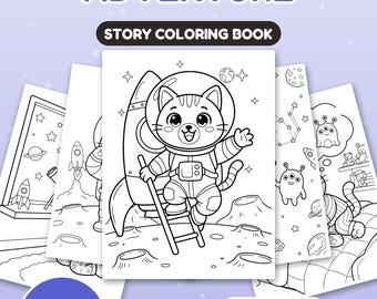 May include: Nuggis Space Adventure story coloring book with 24 pages. The cover features a cat astronaut in a space suit standing on the moon next to a rocket ship. Includes US Letter and A4 formats. The black and white line art shows space themes.