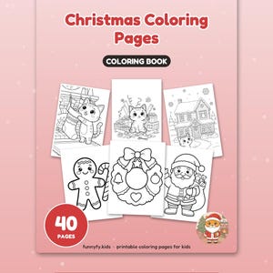 May include: A Christmas Coloring Pages colouring book with a pink cover featuring the text "Christmas Coloring Pages" and "40 PAGES". It displays six black and white illustrations of holiday scenes, including a cat, a house, and Santa.