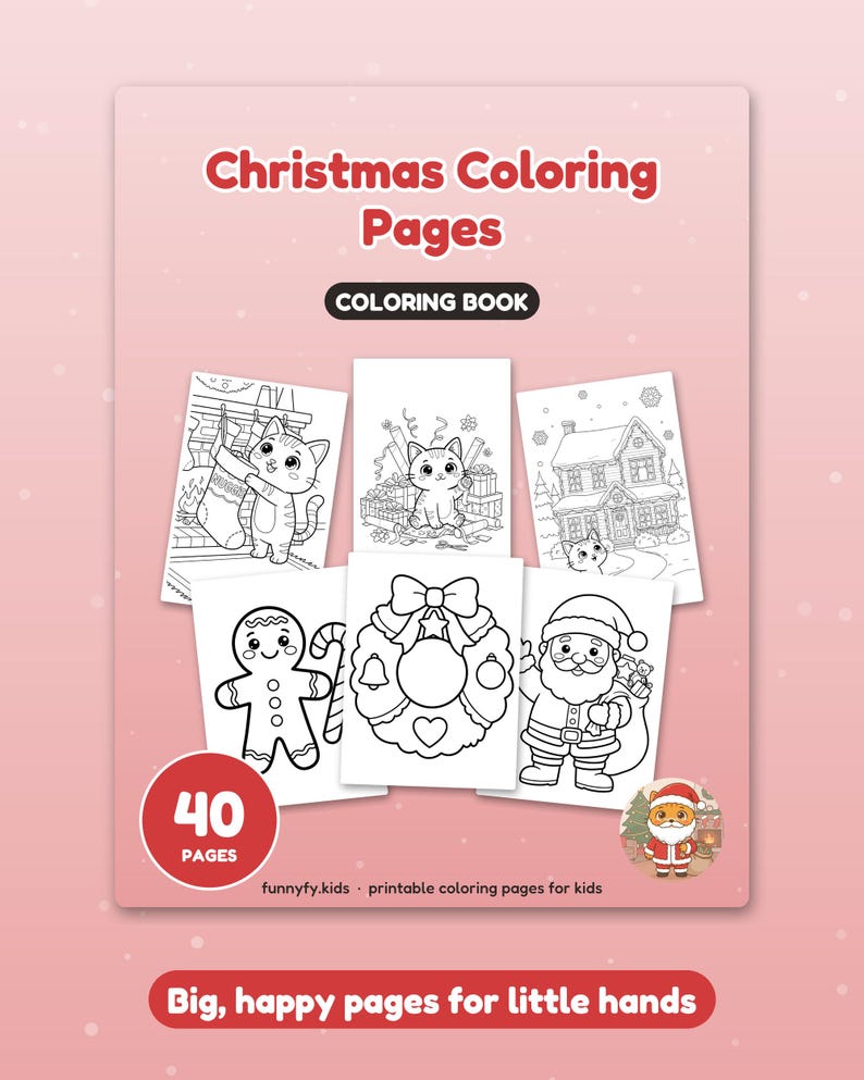 May include: A Christmas Coloring Pages colouring book with a pink cover featuring the text "Christmas Coloring Pages" and "40 PAGES". It displays six black and white illustrations of holiday scenes, including a cat, a house, and Santa.