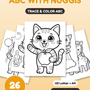 Puede incluir: Un conjunto de libro para colorear digital titulado ABC WITH NUGGIS y TRACE & COLOR ABC, con 26 páginas en tamaños US Letter y A4. La portada muestra una ilustración de líneas en blanco y negro de un gato sosteniendo una manzana.