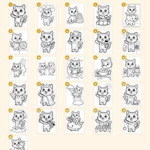 May include: A digital coloring book set featuring 26 pages of black and white line art illustrations of a cartoon cat in various activities, including a cover, a "This book belongs to" page, and a closing page with numbered thumbnails.