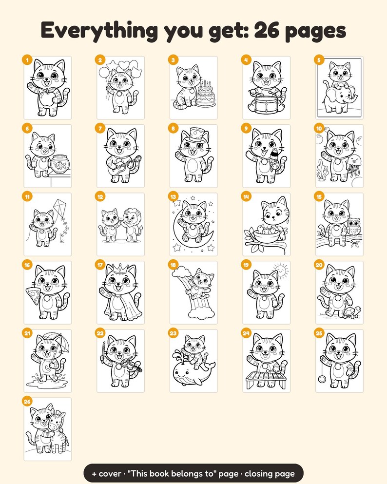 May include: A digital coloring book set featuring 26 pages of black and white line art illustrations of a cartoon cat in various activities, including a cover, a "This book belongs to" page, and a closing page with numbered thumbnails.