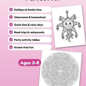 Puede incluir: Un gr&aacute;fico rosa con el texto Perfect for y Ages 3-8. Enumera Holidays & family time, Classrooms & homeschool, Quiet time & rainy days, Road trips & restaurants, Party activity tables y Screen-free fun. Incluye una pi&ntilde;ata y una ilustraci&oacute;n de calendario circular.