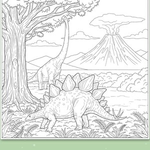 May include: A black and white coloring page featuring a Stegosaurus in the foreground and a long-necked Brachiosaurus near a large tree. In the background, a volcano erupts with smoke under a sky with clouds. The image has thick, bold lines.