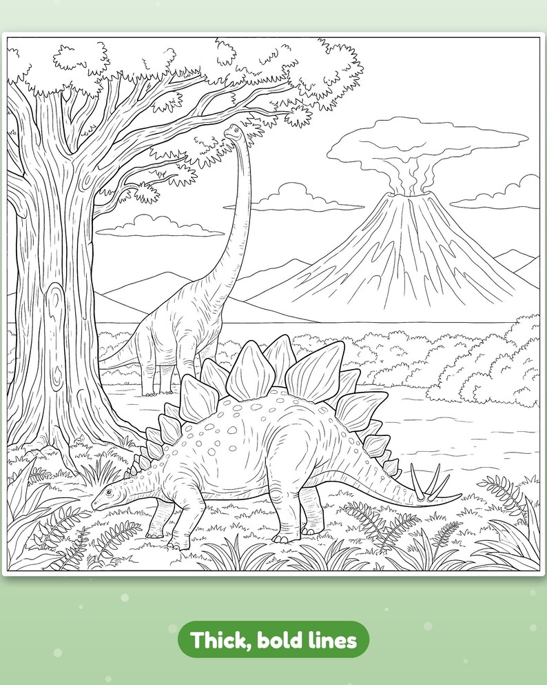 May include: A black and white coloring page featuring a Stegosaurus in the foreground and a long-necked Brachiosaurus near a large tree. In the background, a volcano erupts with smoke under a sky with clouds. The image has thick, bold lines.