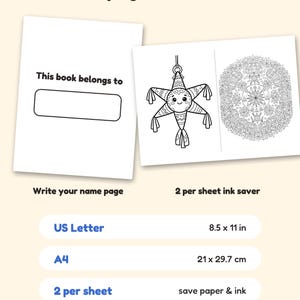 Puede incluir: Un conjunto de p&aacute;ginas para colorear digitales con una p&aacute;gina de nombre 'This book belongs to' y dos ilustraciones en blanco y negro: una pi&ntilde;ata en forma de estrella sonriente y un mandala circular detallado. Incluye formatos A4 21 x 29,7 cm.