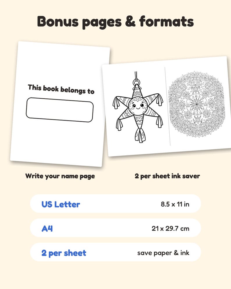 Puede incluir: Un conjunto de p&aacute;ginas para colorear digitales con una p&aacute;gina de nombre 'This book belongs to' y dos ilustraciones en blanco y negro: una pi&ntilde;ata en forma de estrella sonriente y un mandala circular detallado. Incluye formatos A4 21 x 29,7 cm.
