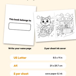 May include: A coloring book page with the text This book belongs to and a blank box, alongside a page featuring a cat building a sandcastle and children at a lemonade stand. Text indicates US Letter 8.5 x 11 in and 2 per sheet ink saver.