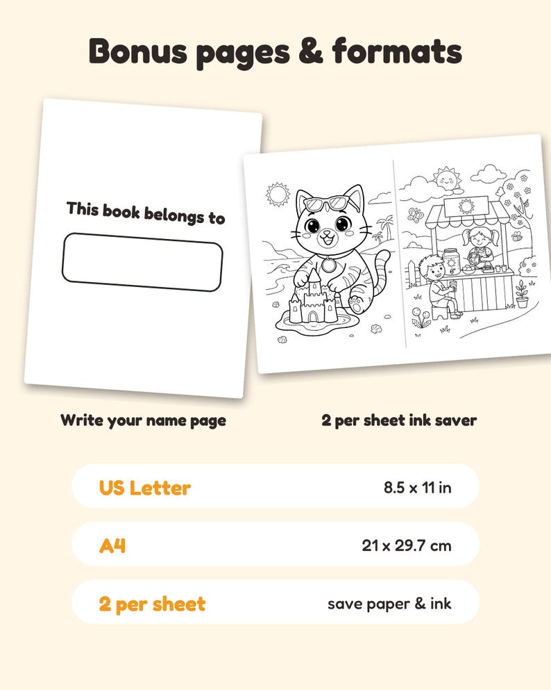May include: A coloring book page with the text This book belongs to and a blank box, alongside a page featuring a cat building a sandcastle and children at a lemonade stand. Text indicates US Letter 8.5 x 11 in and 2 per sheet ink saver.