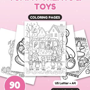 以下が含まれることがあります： YUMMY TREATS & TOYSと題された90ページの塗り絵セット。アイスクリームトラック、子供たち、果物、おもちゃの白黒線画イラストが特徴です。USレターサイズとA4サイズで、即時ダウンロードが可能です。
