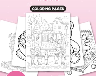May include: A collection of 90 coloring pages titled YUMMY TREATS & TOYS, featuring black and white line art illustrations of an ice cream truck, children, fruit, and toys. The pages are available in US Letter and A4 sizes for instant download.