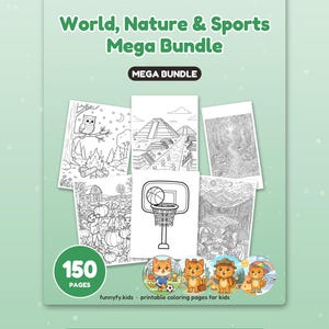 以下が含まれることがあります： 150ページ収録のデジタル塗り絵セット「World, Nature & Sports Mega Bundle」。表紙には、フクロウ、ピラミッド、森、農場、バスケットゴール、山々を描いた白黒の線画イラストが配置されています。
