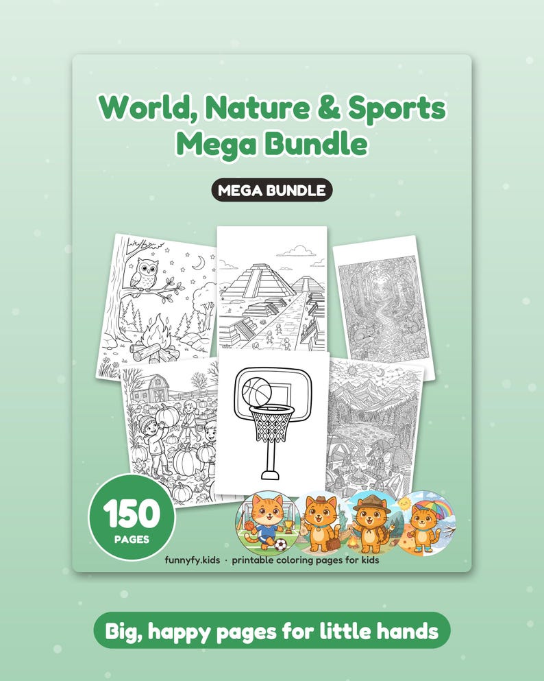 以下が含まれることがあります： 150ページ収録のデジタル塗り絵セット「World, Nature & Sports Mega Bundle」。表紙には、フクロウ、ピラミッド、森、農場、バスケットゴール、山々を描いた白黒の線画イラストが配置されています。