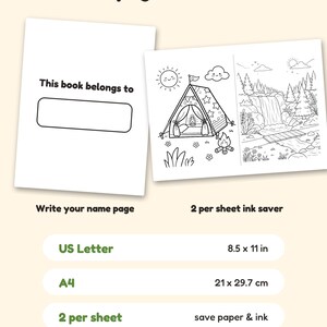May include: A digital coloring book page set titled Bonus pages & formats. Includes a This book belongs to page with a name field and a 2 per sheet ink saver page featuring a tent and waterfall scene. Lists US Letter 8.5 x 11 in format.