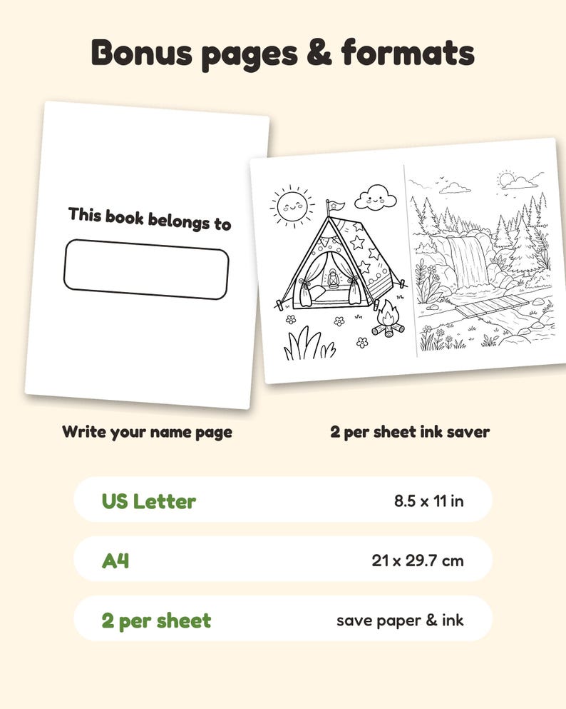 May include: A digital coloring book page set titled Bonus pages & formats. Includes a This book belongs to page with a name field and a 2 per sheet ink saver page featuring a tent and waterfall scene. Lists US Letter 8.5 x 11 in format.