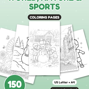 Puede incluir: Una colección de páginas para colorear titulada WORLD, NATURE & SPORTS, con 150 páginas en tamaños US Letter y A4. Las páginas muestran ilustraciones de líneas en blanco y negro que incluyen un muñeco de nieve, un campo de girasoles y una calle.