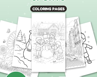 May include: A collection of coloring pages titled WORLD, NATURE & SPORTS, featuring 150 pages in US Letter and A4 sizes. The pages display black and white line art illustrations including a snowman, a sunflower field, and a city street scene.