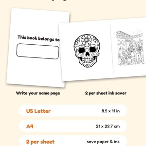 Op de afbeelding: Een digitale kleurboekpagina-set met een 'This book belongs to' naam-pagina, een suikerschedel-illustratie en een sc&egrave;ne met mensen. Tekst bevat 'Bonus pages & formats', 'Write your name page', '2 per sheet ink saver', 'US Letter 8.5 x 11 in', 'A4 21 x 29.7 cm' en '2 per sheet save paper & ink'.