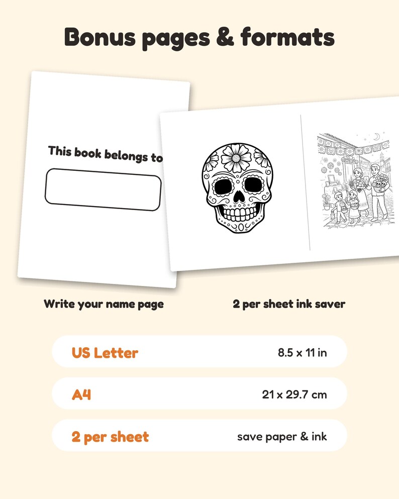 Op de afbeelding: Een digitale kleurboekpagina-set met een 'This book belongs to' naam-pagina, een suikerschedel-illustratie en een sc&egrave;ne met mensen. Tekst bevat 'Bonus pages & formats', 'Write your name page', '2 per sheet ink saver', 'US Letter 8.5 x 11 in', 'A4 21 x 29.7 cm' en '2 per sheet save paper & ink'.