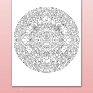 May include: A circular coloring page featuring a birthday theme with a central cake, surrounded by concentric rings of gift boxes, balloons, stars, and swirling patterns. The black and white line art is printed on a white rectangular sheet.