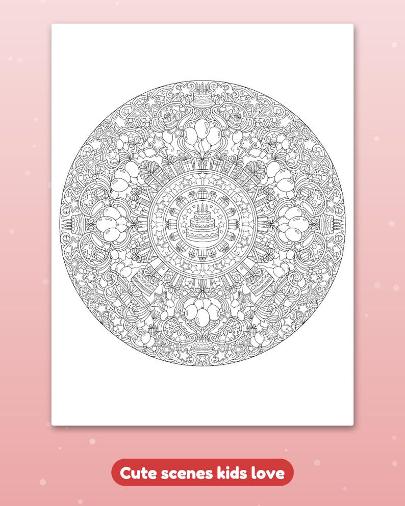 May include: A circular coloring page featuring a birthday theme with a central cake, surrounded by concentric rings of gift boxes, balloons, stars, and swirling patterns. The black and white line art is printed on a white rectangular sheet.