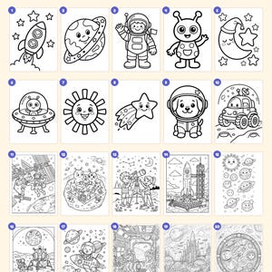 Puede incluir: Una colecci&oacute;n de 20 p&aacute;ginas para colorear con tem&aacute;tica espacial que presenta dibujos de l&iacute;neas en blanco y negro de cohetes, astronautas, planetas, alien&iacute;genas y cuerpos celestes. El texto "Everything you get: 20 pages" aparece arriba.