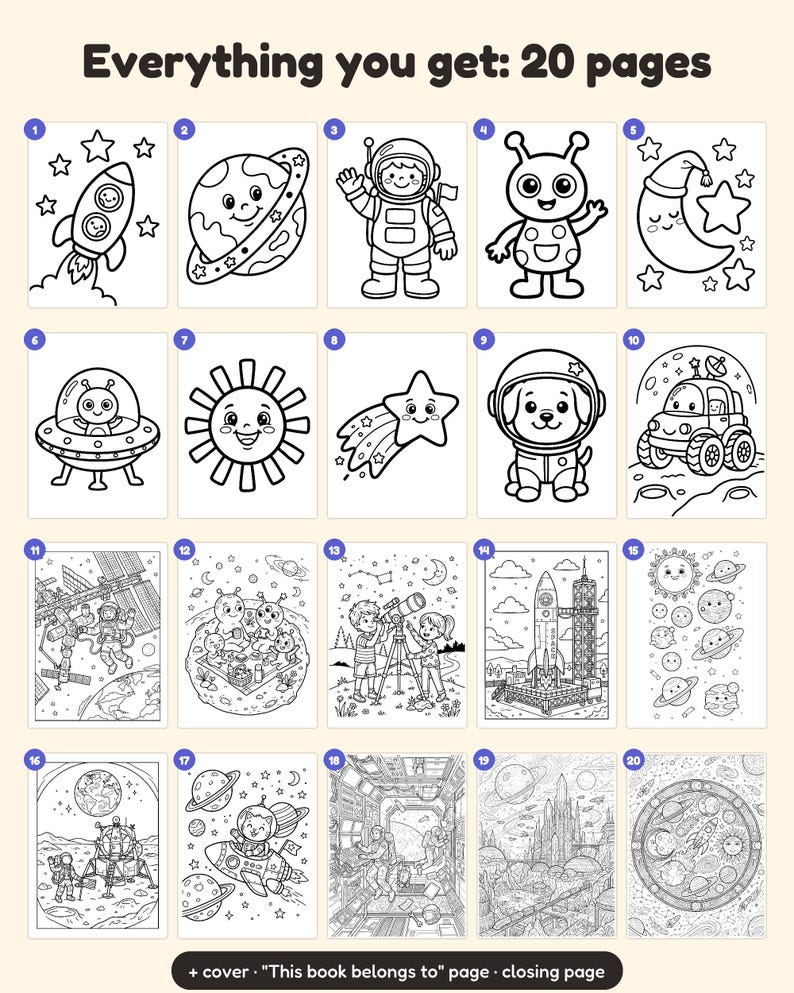 Puede incluir: Una colecci&oacute;n de 20 p&aacute;ginas para colorear con tem&aacute;tica espacial que presenta dibujos de l&iacute;neas en blanco y negro de cohetes, astronautas, planetas, alien&iacute;genas y cuerpos celestes. El texto "Everything you get: 20 pages" aparece arriba.