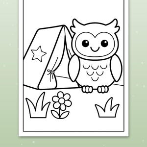 May include: A black and white coloring page featuring a cartoon owl standing next to a tent with a star design. The foreground includes a simple flower and two patches of grass. The image is outlined with thick, bold lines for easy coloring.