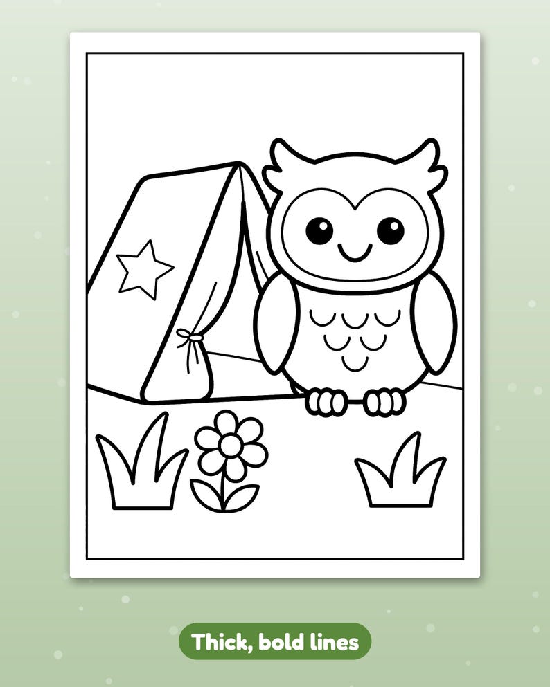 May include: A black and white coloring page featuring a cartoon owl standing next to a tent with a star design. The foreground includes a simple flower and two patches of grass. The image is outlined with thick, bold lines for easy coloring.