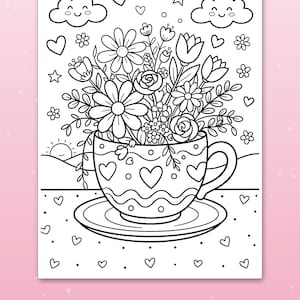 May include: A black and white coloring page featuring a bouquet of various flowers in a teacup decorated with hearts. The background includes clouds, stars, and a sun. The text at the bottom reads: Big spaces for little hands.