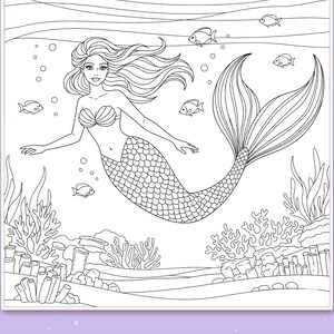 Peut inclure: Une page de coloriage en noir et blanc repr&eacute;sentant une sir&egrave;ne aux longs cheveux flottants et &agrave; la queue &eacute;cailleuse nageant sous l'eau. La sc&egrave;ne comprend divers petits poissons, des bulles et des r&eacute;cifs coralliens. Traits &eacute;pais et marqu&eacute;s.