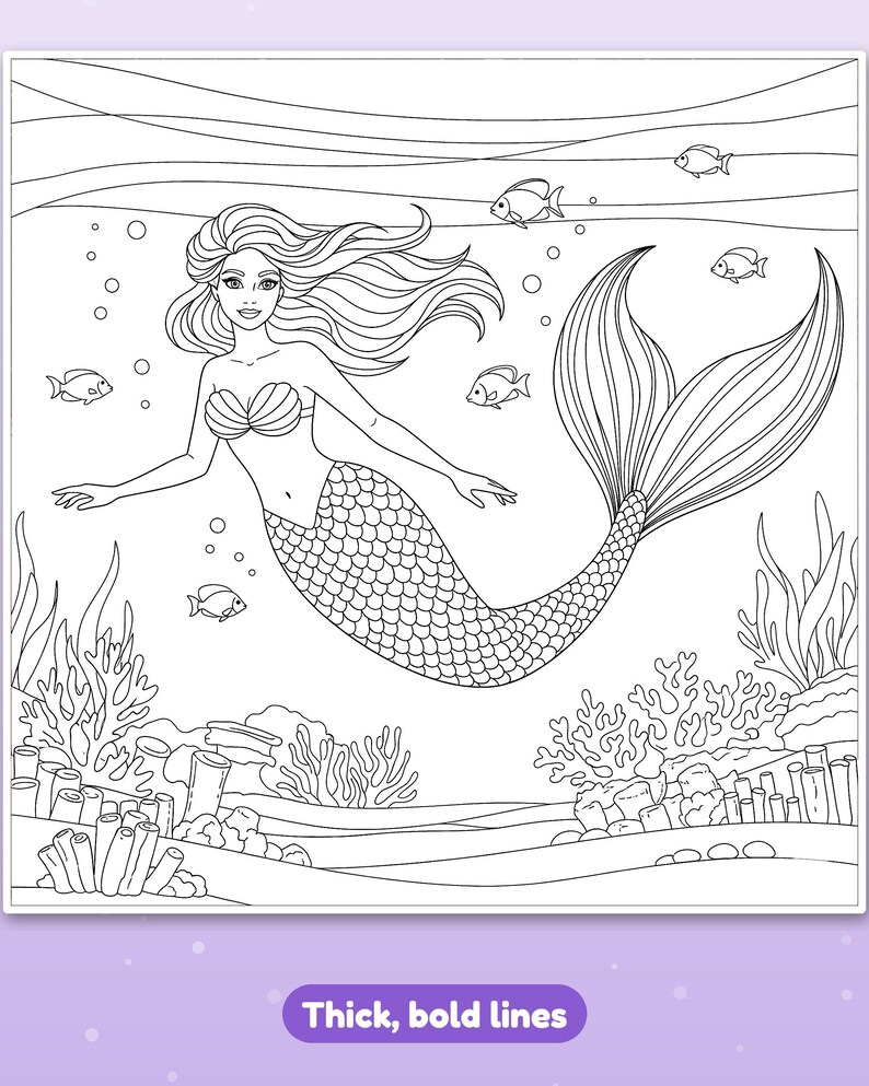 Peut inclure: Une page de coloriage en noir et blanc repr&eacute;sentant une sir&egrave;ne aux longs cheveux flottants et &agrave; la queue &eacute;cailleuse nageant sous l'eau. La sc&egrave;ne comprend divers petits poissons, des bulles et des r&eacute;cifs coralliens. Traits &eacute;pais et marqu&eacute;s.
