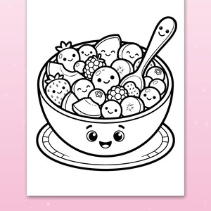 May include: A black and white coloring page featuring a bowl of fruit with smiling faces. The bowl sits on a saucer and contains strawberries, blueberries, and raspberries. A spoon with a smiling face rests inside the bowl. Text reads: Thick, bold lines.