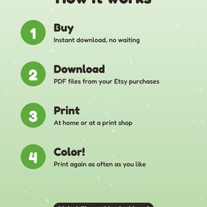 Puede incluir: Un gr&aacute;fico informativo de color verde claro titulado How it works, que enumera cuatro pasos: 1 Buy, 2 Download PDF files, 3 Print at home or a shop y 4 Color!. Incluye el aviso Digital file: nothing is shipped y texto de Funnyfy with AI tools.