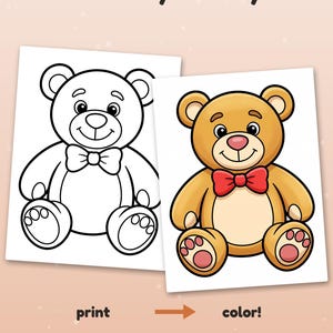 May include: Two sheets of paper featuring a teddy bear illustration. One sheet is a black and white line drawing, and the other is a colored version with a brown bear and red bow tie. Text reads: Color it your way! print color! Example colored with AI.