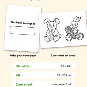 Puede incluir: Un conjunto de p&aacute;ginas para colorear imprimibles con una p&aacute;gina de nombre 'This book belongs to' y dos ilustraciones de conejos. Un conejo sostiene un huevo de Pascua, el otro monta en bicicleta. Incluye formatos US Letter 21,6 x 27,9 cm y A4 21 x 29,7 cm.