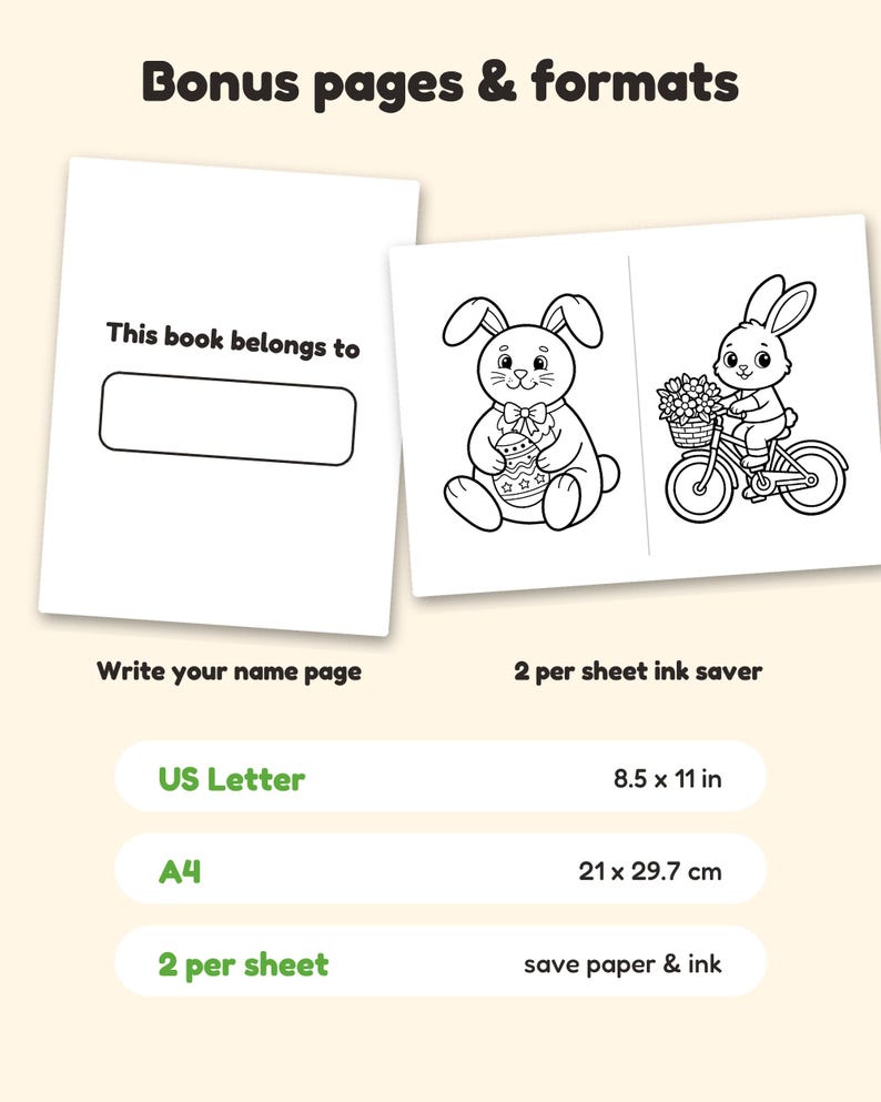 Puede incluir: Un conjunto de p&aacute;ginas para colorear imprimibles con una p&aacute;gina de nombre 'This book belongs to' y dos ilustraciones de conejos. Un conejo sostiene un huevo de Pascua, el otro monta en bicicleta. Incluye formatos US Letter 21,6 x 27,9 cm y A4 21 x 29,7 cm.