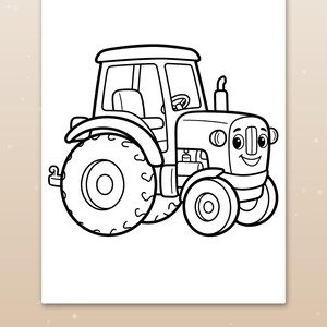 May include: A black and white line art coloring page featuring a cartoon tractor with a smiling face, large wheels, and a cabin. Below the illustration, the text reads: Big spaces for little hands. The design is simple and bold.