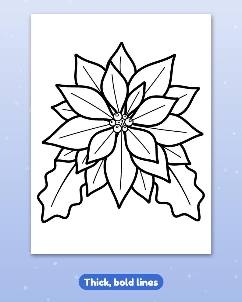 Puede incluir: Una p&aacute;gina para colorear en blanco y negro que muestra una flor de pascua con p&eacute;talos puntiagudos y un grupo de peque&ntilde;as bayas en el centro, acompa&ntilde;ada de dos hojas de acebo en la base. El dise&ntilde;o est&aacute; delineado con l&iacute;neas gruesas.