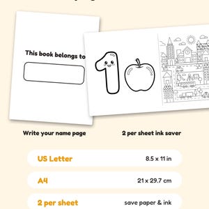 May include: Two printable coloring pages featuring a 'This book belongs to' name page and a page with the number one, an apple, and a city scene. Text includes 'Bonus pages & formats', 'US Letter 8.5 x 11 in', 'A4 21 x 29.7 cm', and '2 per sheet ink saver'.