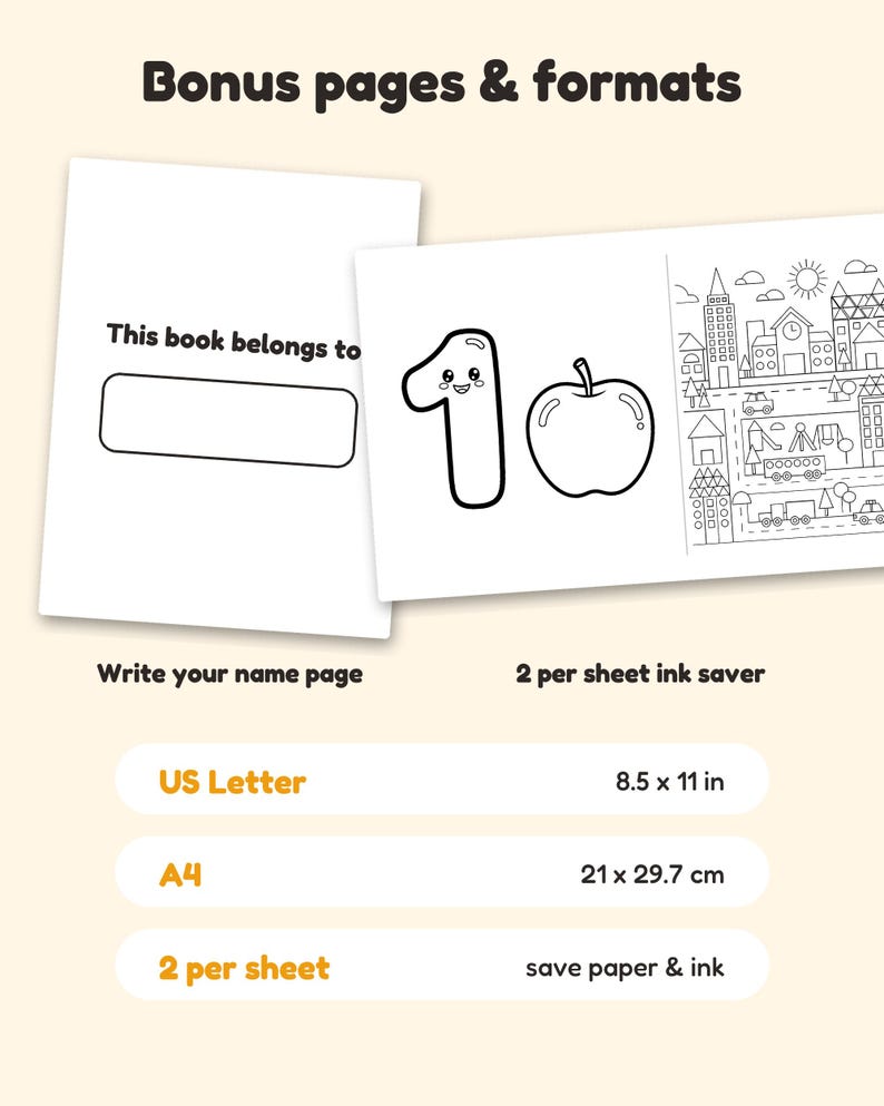 May include: Two printable coloring pages featuring a 'This book belongs to' name page and a page with the number one, an apple, and a city scene. Text includes 'Bonus pages & formats', 'US Letter 8.5 x 11 in', 'A4 21 x 29.7 cm', and '2 per sheet ink saver'.