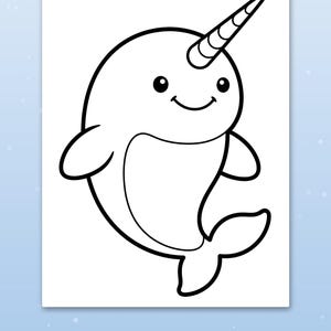 May include: A black and white line art illustration of a narwhal featuring a spiraled horn, two side fins, and a tail fin. The drawing has thick, bold lines and a simple, smiling face with two round eyes. The text "Thick, bold lines" is visible.