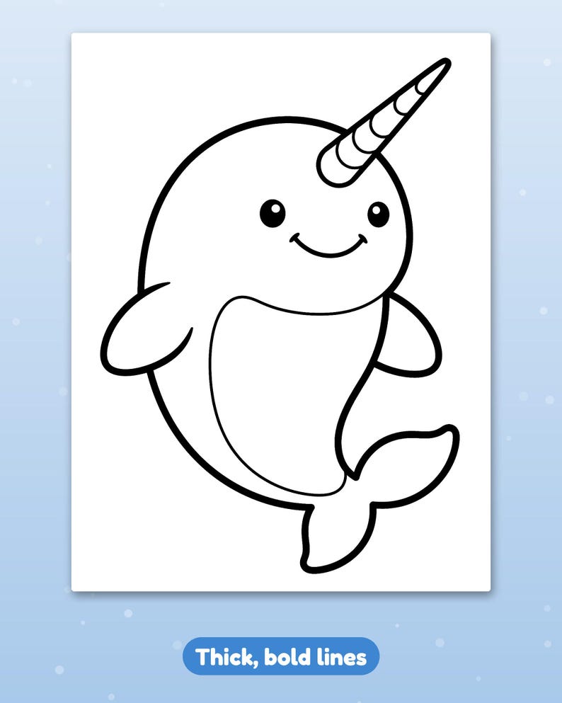 May include: A black and white line art illustration of a narwhal featuring a spiraled horn, two side fins, and a tail fin. The drawing has thick, bold lines and a simple, smiling face with two round eyes. The text "Thick, bold lines" is visible.