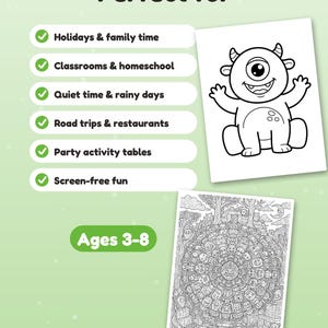 May include: A colouring activity sheet featuring a list of uses under the heading Perfect for, including Holidays & family time, Classrooms & homeschool, Quiet time & rainy days, Road trips & restaurants, Party activity tables, Screen-free fun, and Ages 3-8.