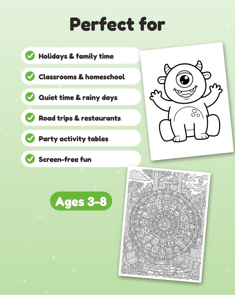 May include: A colouring activity sheet featuring a list of uses under the heading Perfect for, including Holidays & family time, Classrooms & homeschool, Quiet time & rainy days, Road trips & restaurants, Party activity tables, Screen-free fun, and Ages 3-8.
